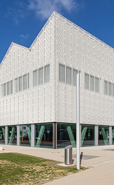 Außenansicht einer modernen Sporthalle mit heller Ziegelfassade, rhythmisch angeordneten Oberlichtern und grünen Stahlstützen im Erdgeschoss. Im Vordergrund befinden sich Sportflächen und Wege, umgeben von Bäumen und Schulgebäuden.