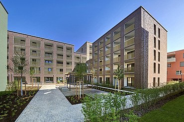 Mehrstöckige Wohnhäuser in moderner Architektur mit großen Balkonen und einem begrünten Innenhof, gepflasterten Wegen und jungen Bäumen unter klarem blauem Himmel.