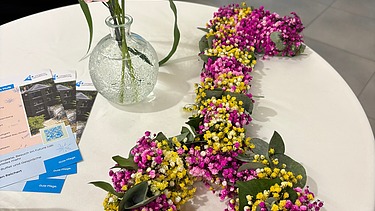 Bunter Blumenflyer auf einem Tisch im Innovation Hub der Evangelischen Heimstiftung in Stuttgart. Daneben stehen Informationsflyer zur Einweihungsveranstaltung und zum Future Lab.