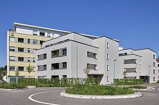 Mehrere moderne Mehrfamilienhäuser in heller Architektur mit klaren Linien, gelegen an einem Kreisverkehr unter blauem Himmel. Die Gebäude kombinieren zeitgemäßes Design mit funktionaler Wohnstruktur und sind von Grünflächen umgeben.