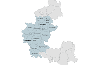 Standortkarte, auf der farblich markiert ist, wo Wolfer & Goebel Bauprojekte realisiert.